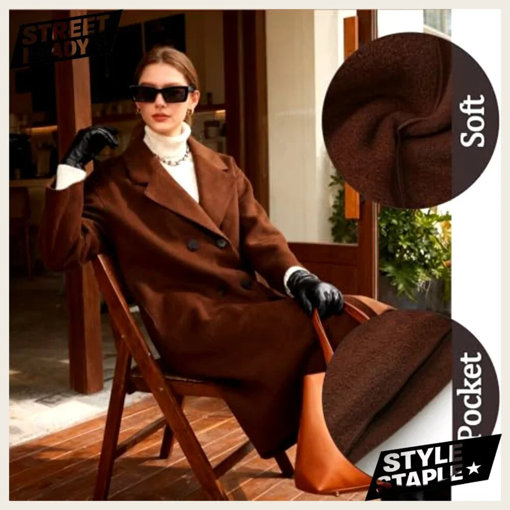 Long Wool Pea Coat Double Breasted Notched Lapel Trench Coat - Picture 5 of 7
